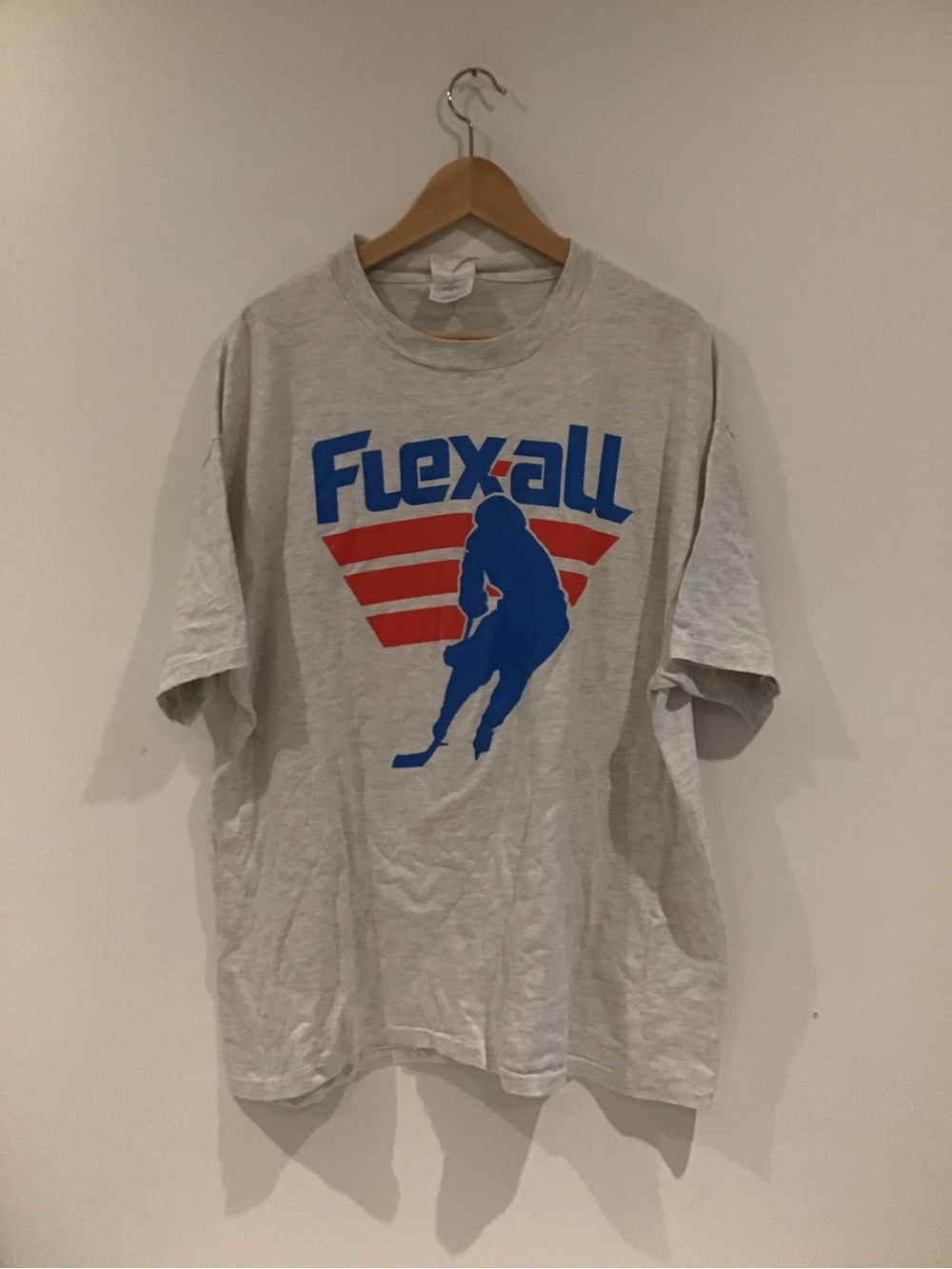 Hanes Light Gray Flexall Hockey Graphic Tee with Blue and Red Print